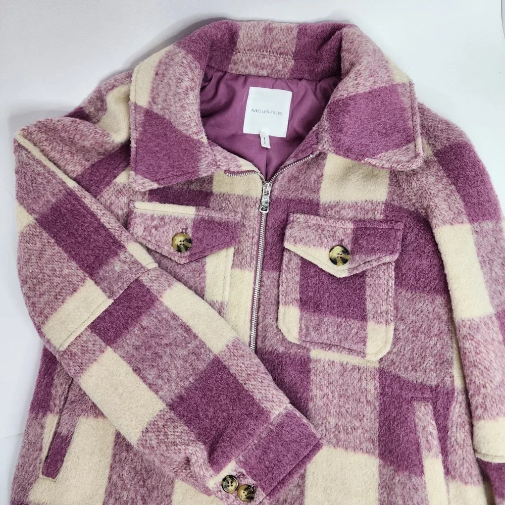 Avec‎ Les Filles Jacket Shacket Women's Medium Full Zip w. Pocket Plaid Pink